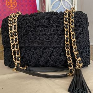 New 🖤 Tory Burch Fleming Raffia Convertible Shoulder Bag